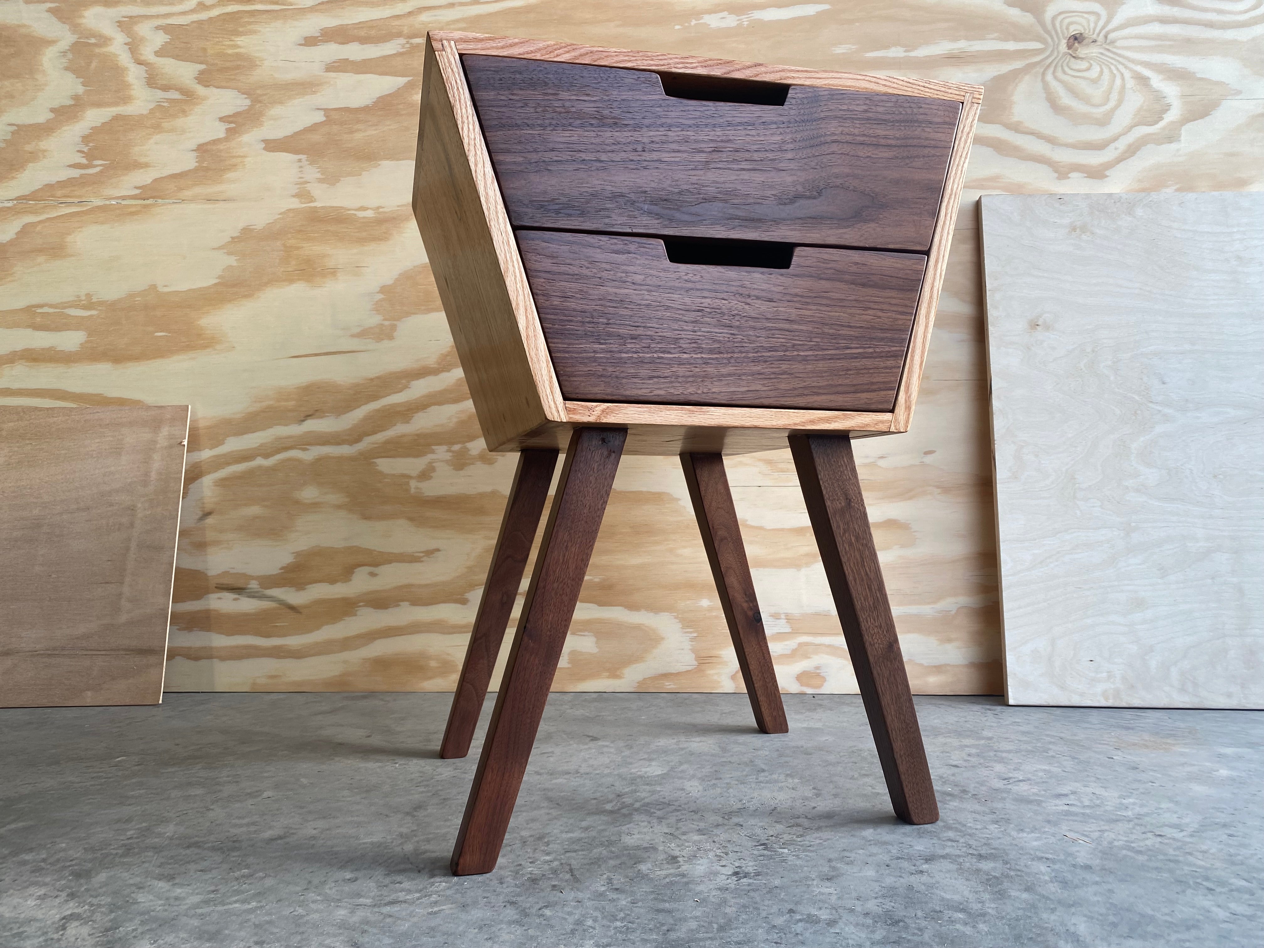 Angled 2-Drawer Night Stand | End Table |Handmade | Oak and Walnut