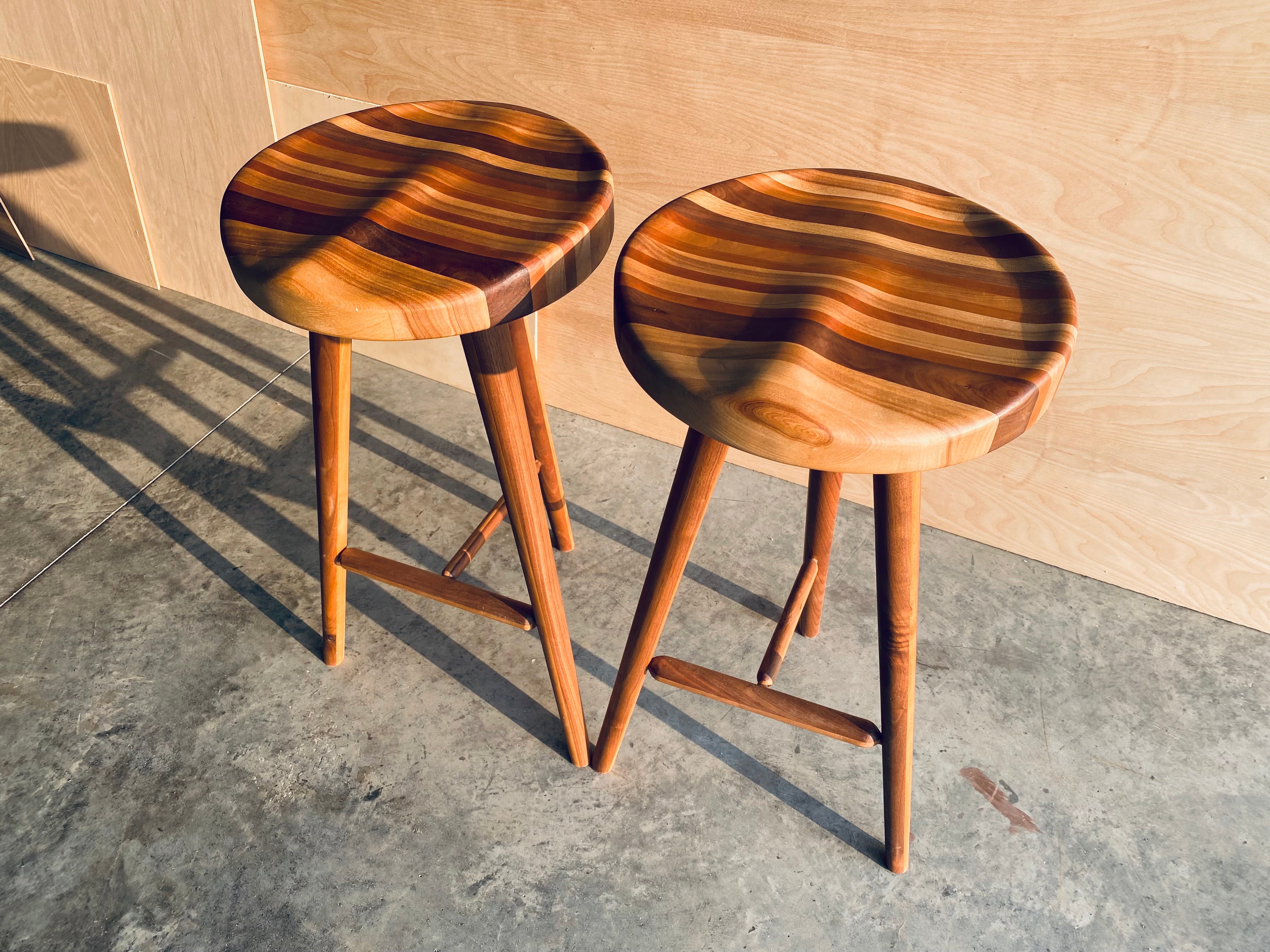 Striped Wood | 3-Legged Stool | High Top Stool | Kitchen Island Seating